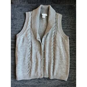 Vintage Knit Sleeveless Cardigan Sweater Vest Collar Button Front Grey Large